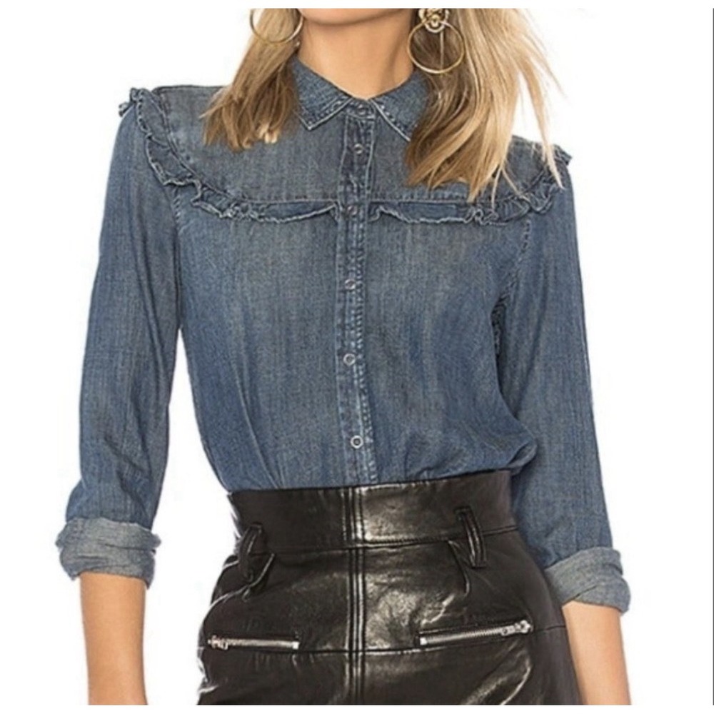 AG Adriano Goldschmied Revolve Joanna Denim Snap Up Chambray Ruffle Western XS
